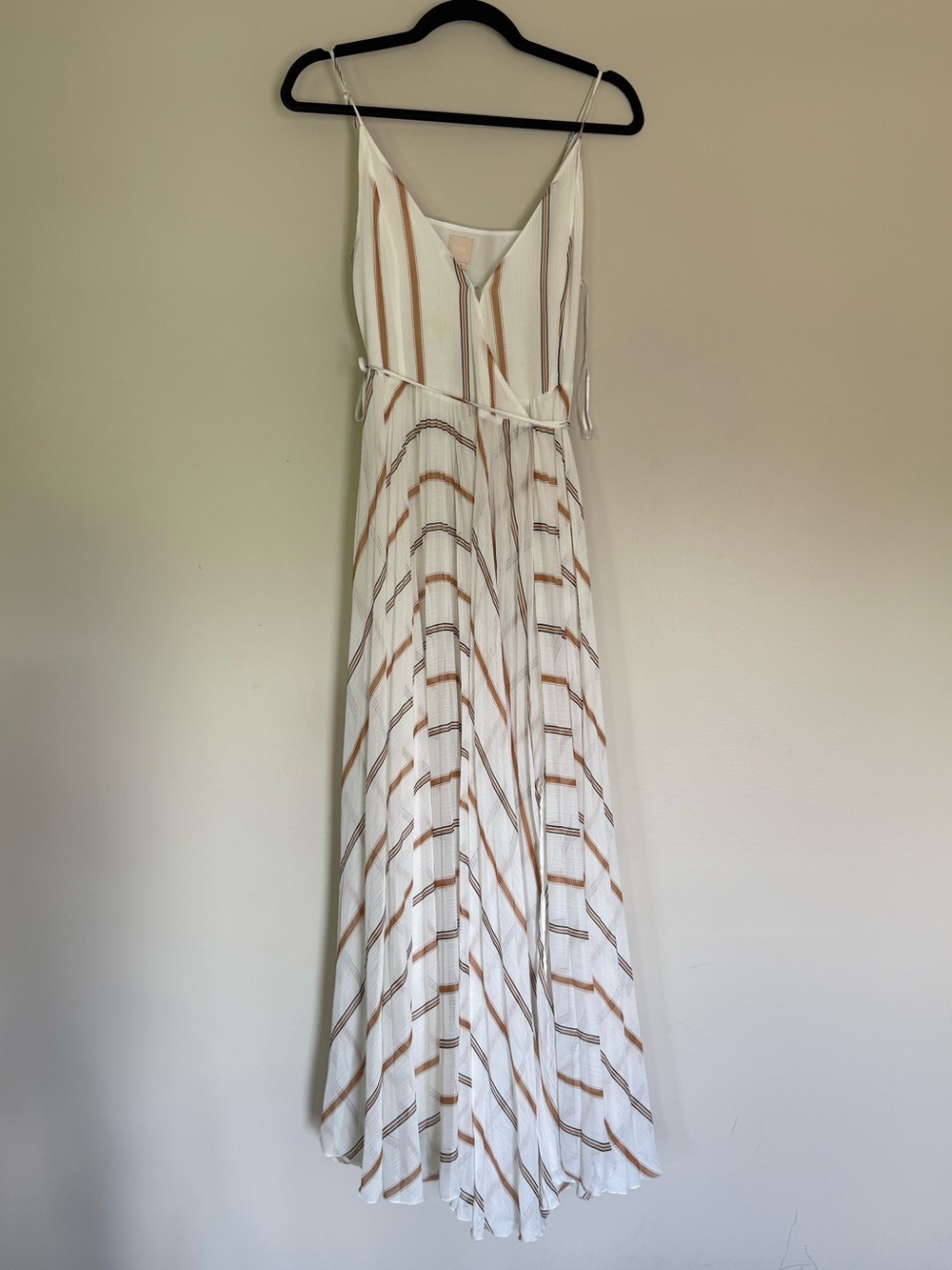 H&M Ivory Cream and Tan Striped Pleated Wrap Long Maxi Dress V-Neckline Sz 4